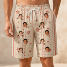 Model wearing Men's Glow Gala Custom Face Beach Shorts printed with kids' faces