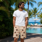 Real-life photo of someone wearing Men's Glow Gala Custom Face Beach Shorts — custom faces printed all-over
