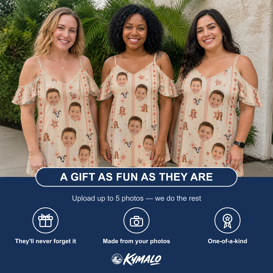 Friends in matching Women's Glow Gala Custom Face Off-Shoulder Dress — a group gift photo