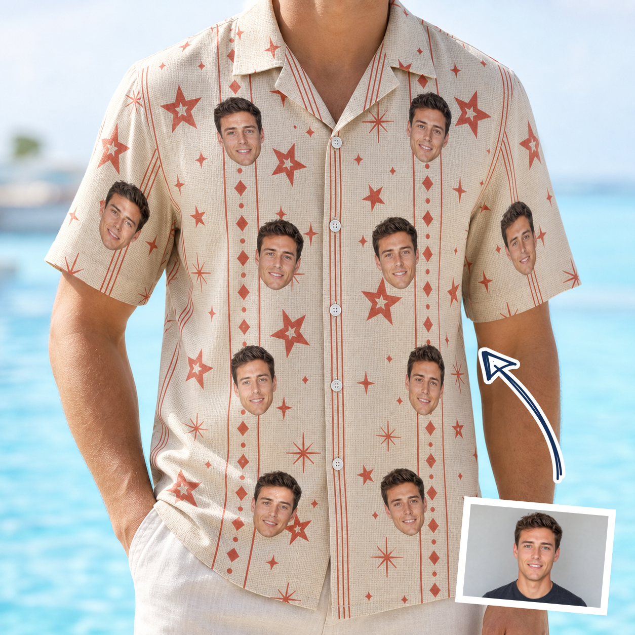 Man wearing Men's Glow Gala Custom Face Hawaiian Shirt — custom faces printed all-over