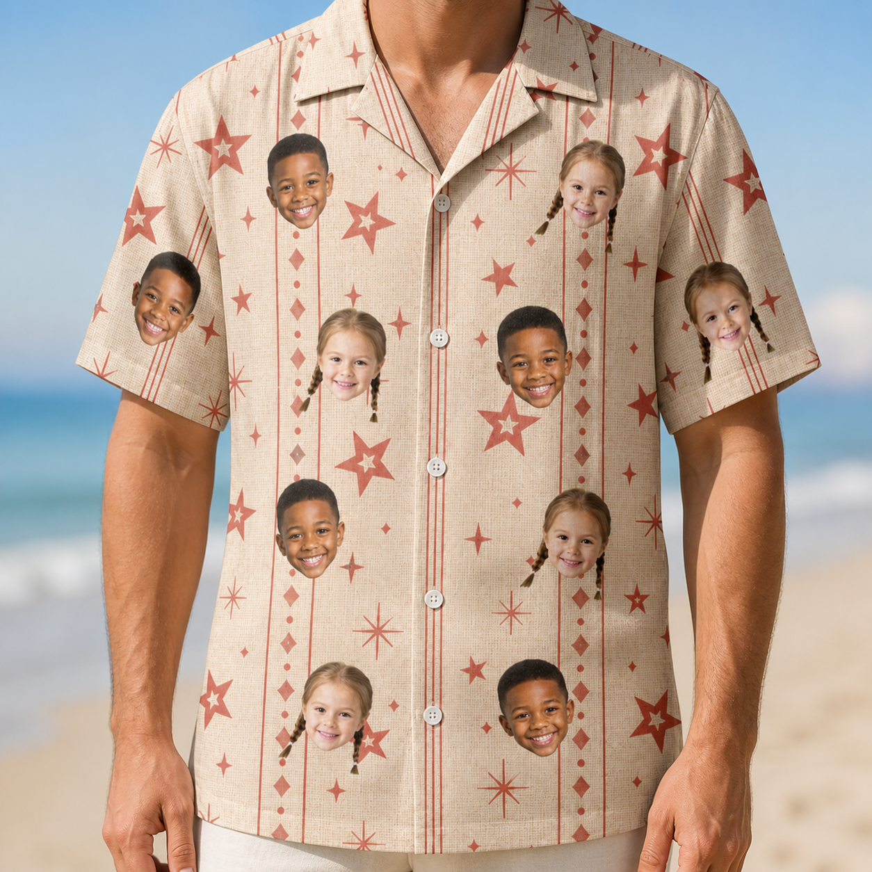 Model wearing Men's Glow Gala Custom Face Hawaiian Shirt printed with kids' faces