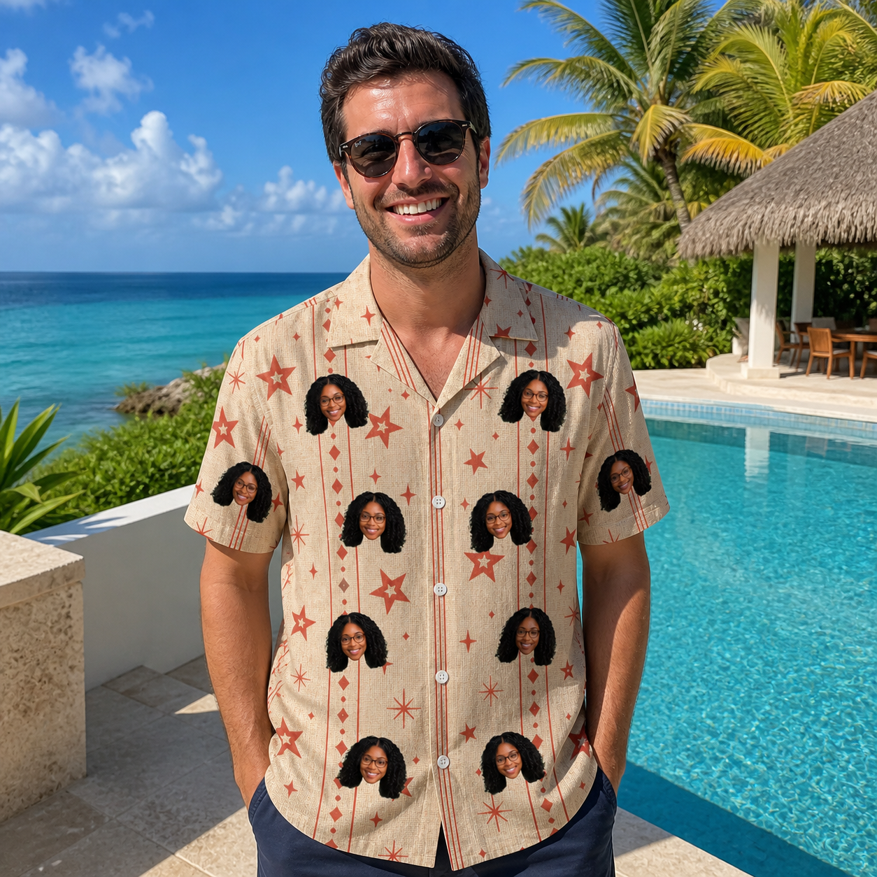 Real-life photo of someone wearing Men's Glow Gala Custom Face Hawaiian Shirt — custom faces printed all-over