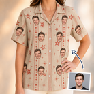 Woman wearing Women's Glow Gala Custom Face Hawaiian Shirt — custom faces printed all-over