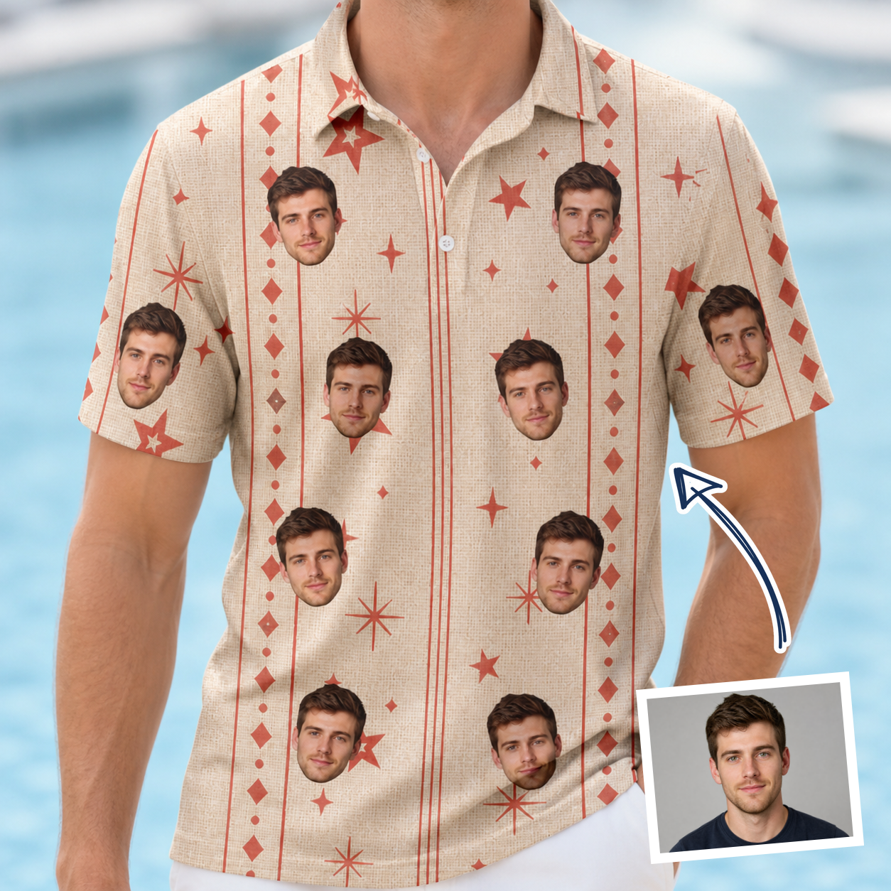 Man wearing Men's Glow Gala Custom Face Polo Shirt — custom faces printed all-over