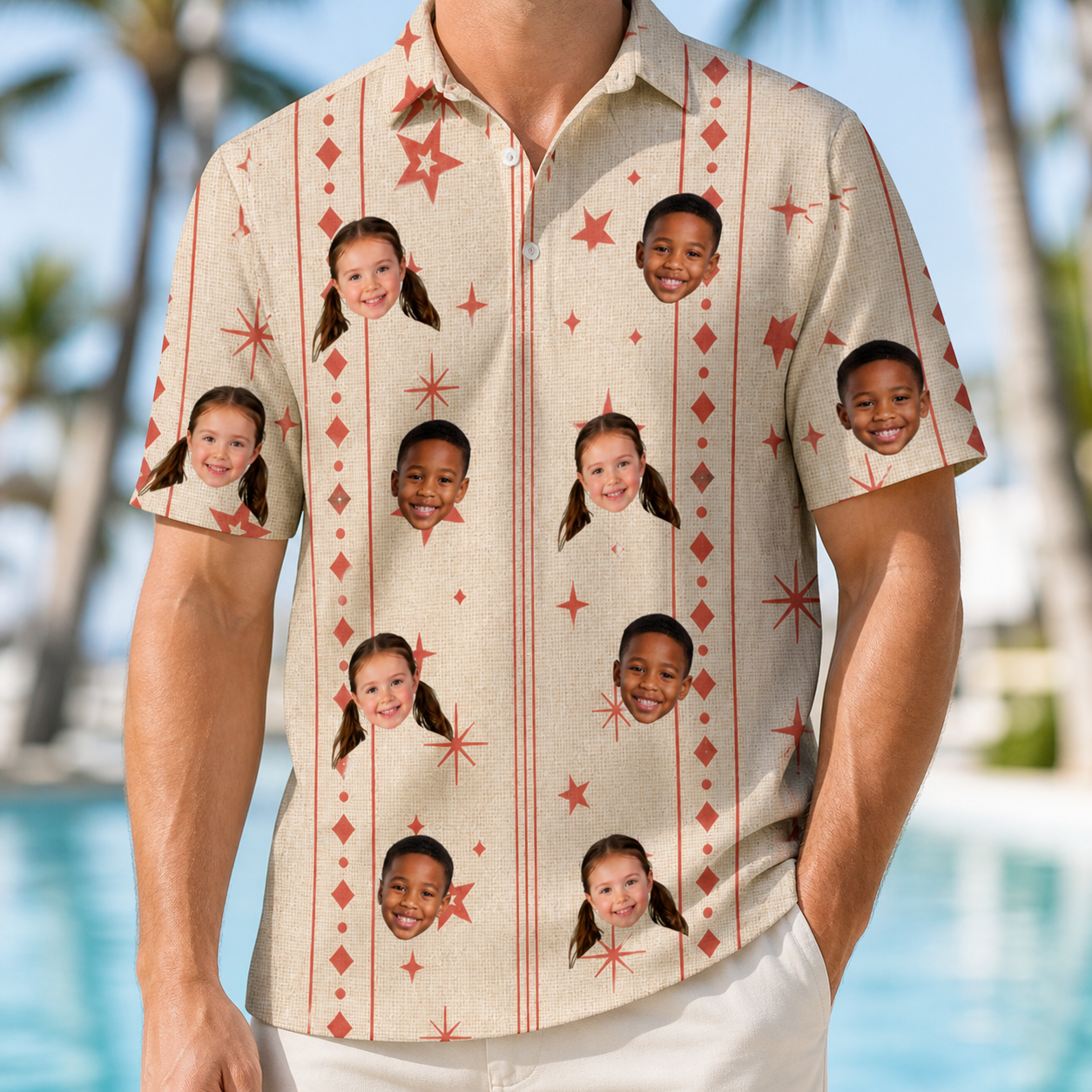 Model wearing Men's Glow Gala Custom Face Polo Shirt printed with kids' faces