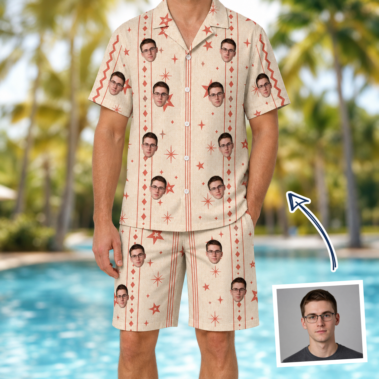 Man wearing Men's Glow Gala Custom Face Shirt & Shorts Set — custom faces printed all-over