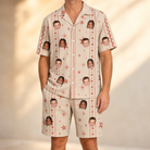 Model wearing Men's Glow Gala Custom Face Shirt & Shorts Set printed with kids' faces
