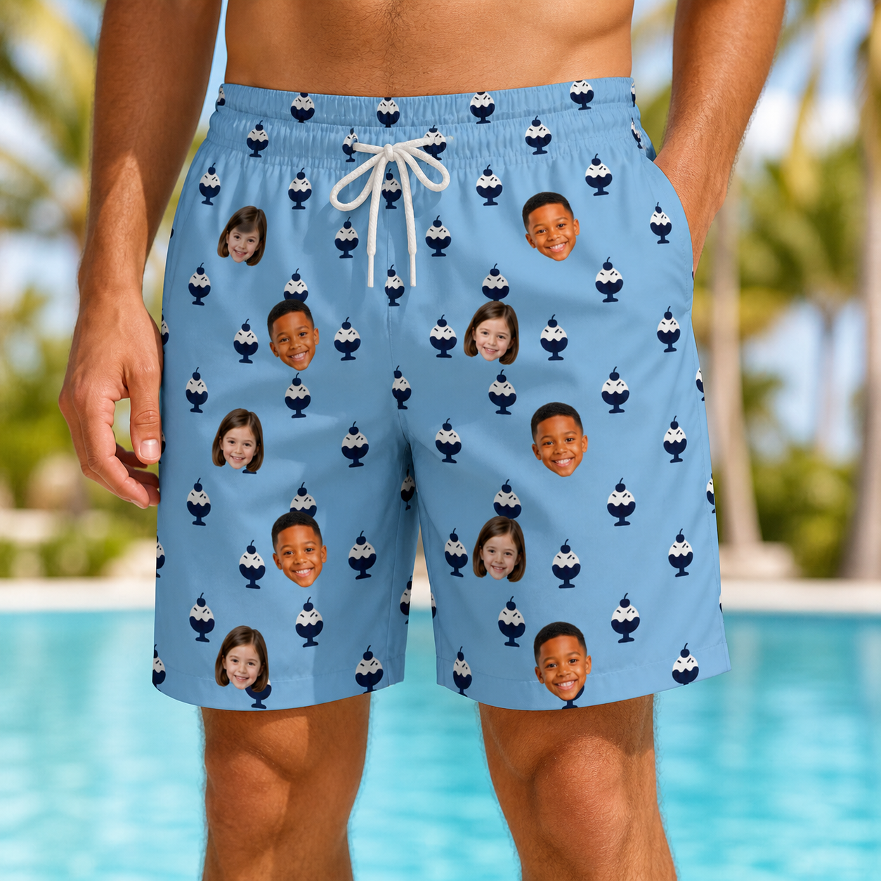 Model wearing Men's Sprinkle Scoops Custom Face Beach Shorts printed with kids' faces