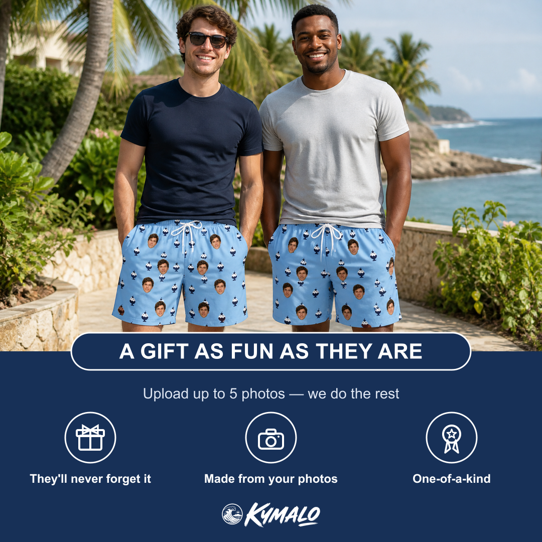 Friends in matching Men's Sprinkle Scoops Custom Face Beach Shorts — a group gift photo