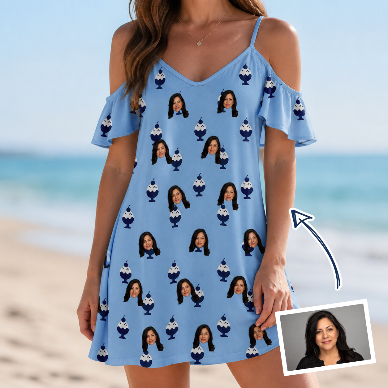 Woman wearing Women's Sprinkle Scoops Custom Face Off-Shoulder Dress — custom faces printed all-over