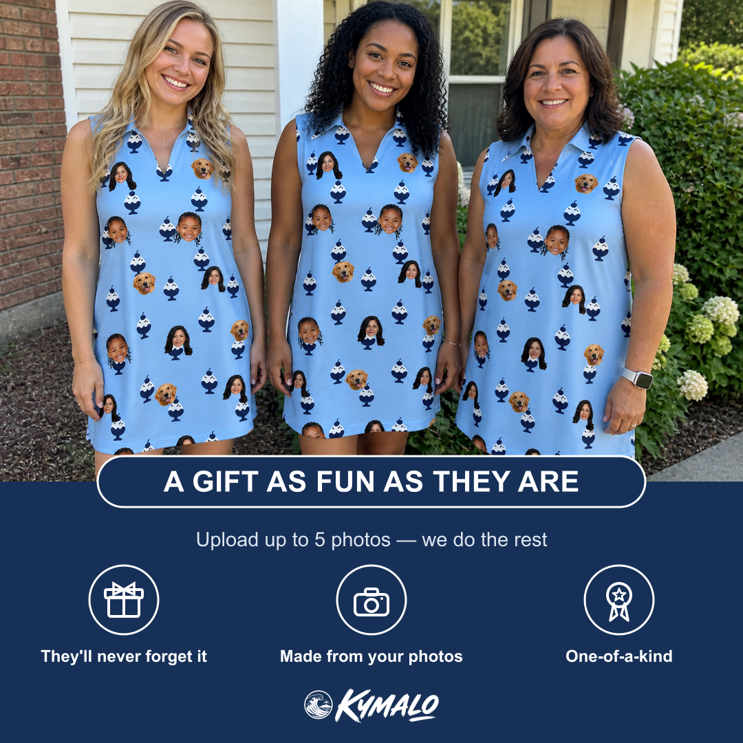 Friends in matching Women's Sprinkle Scoops Custom Face V-Neck Dress — a group gift photo