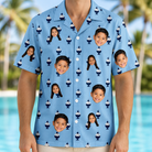Model wearing Men's Sprinkle Scoops Custom Face Hawaiian Shirt printed with kids' faces