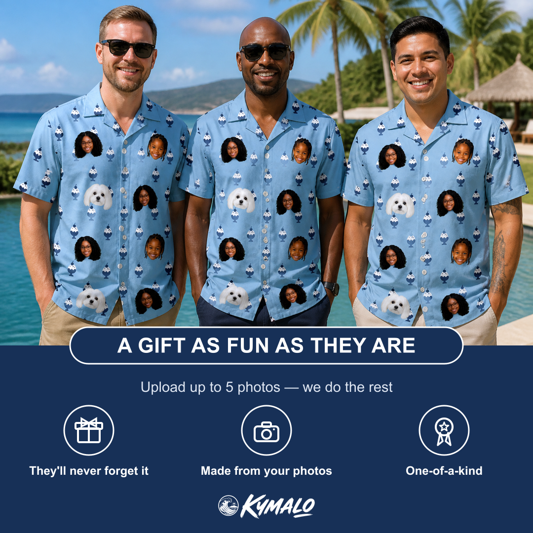 Friends in matching Men's Sprinkle Scoops Custom Face Hawaiian Shirt — a group gift photo