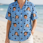 Model wearing Women's Sprinkle Scoops Custom Face Hawaiian Shirt printed with kids' faces