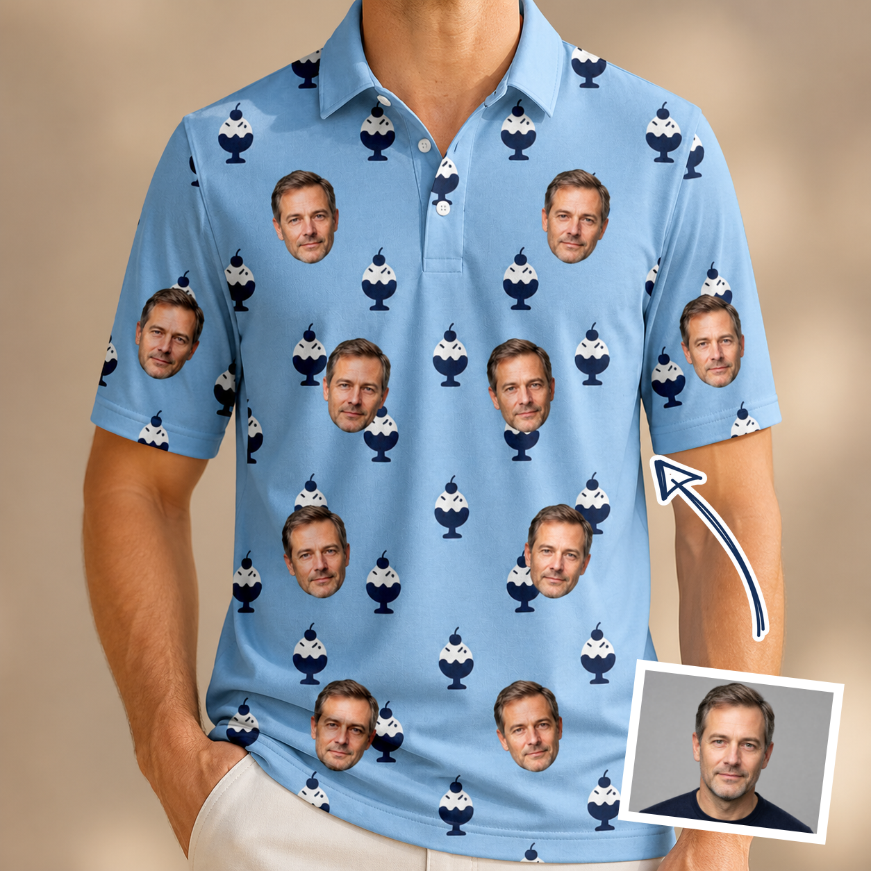 Man wearing Men's Sprinkle Scoops Custom Face Polo Shirt — custom faces printed all-over
