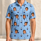Model wearing Men's Sprinkle Scoops Custom Face Polo Shirt printed with kids' faces