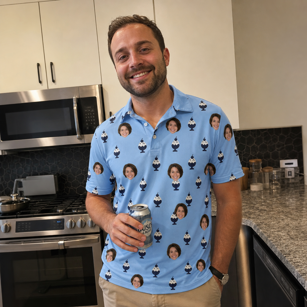 Real-life photo of someone wearing Men's Sprinkle Scoops Custom Face Polo Shirt — custom faces printed all-over