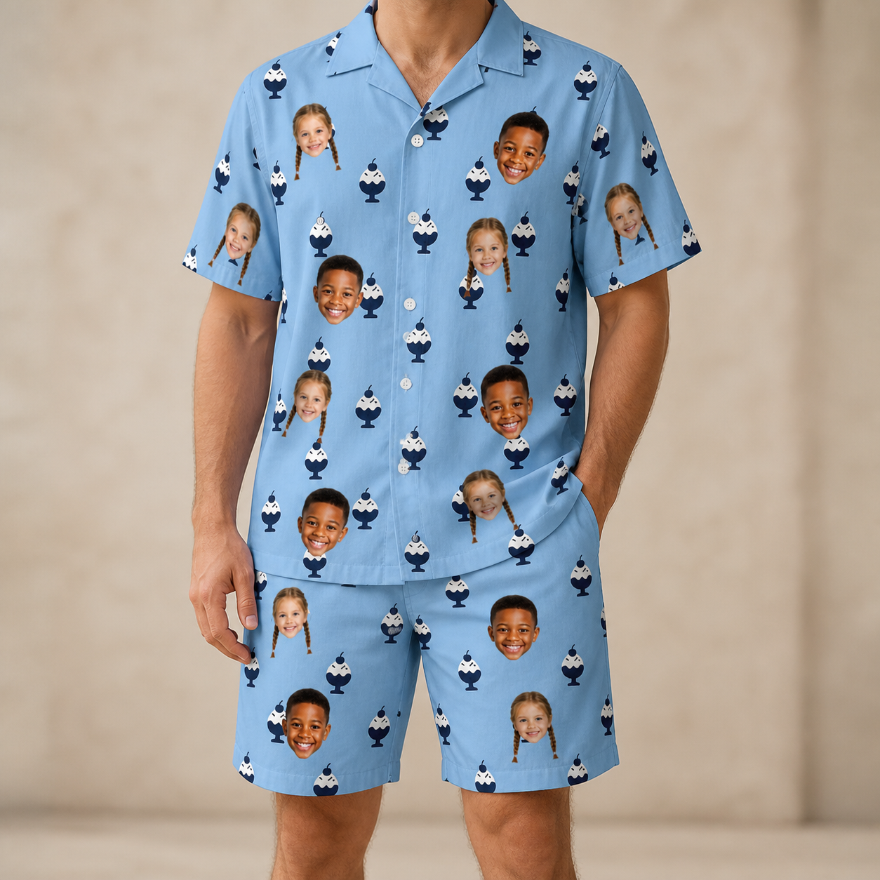 Model wearing Men's Sprinkle Scoops Custom Face Shirt & Shorts Set printed with kids' faces