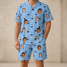 Model wearing Men's Sprinkle Scoops Custom Face Shirt & Shorts Set printed with kids' faces