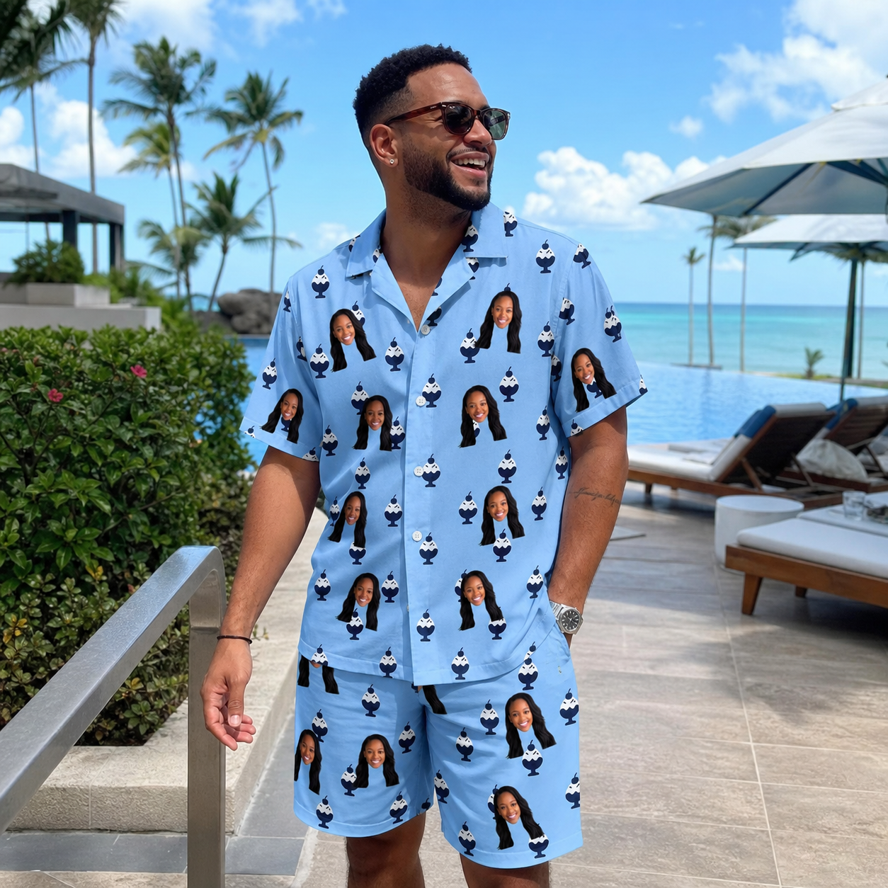 Real-life photo of someone wearing Men's Sprinkle Scoops Custom Face Shirt & Shorts Set — custom faces printed all-over