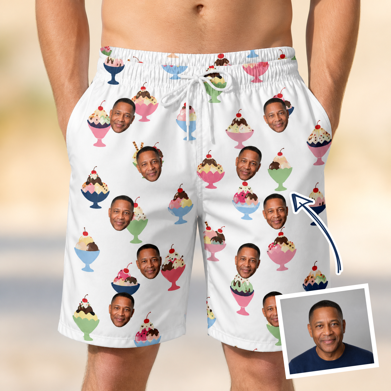 Man wearing Men's Wishful Scoops Custom Face Beach Shorts — custom faces printed all-over