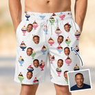 Man wearing Men's Wishful Scoops Custom Face Beach Shorts — custom faces printed all-over