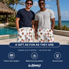 Friends in matching Men's Wishful Scoops Custom Face Beach Shorts — a group gift photo
