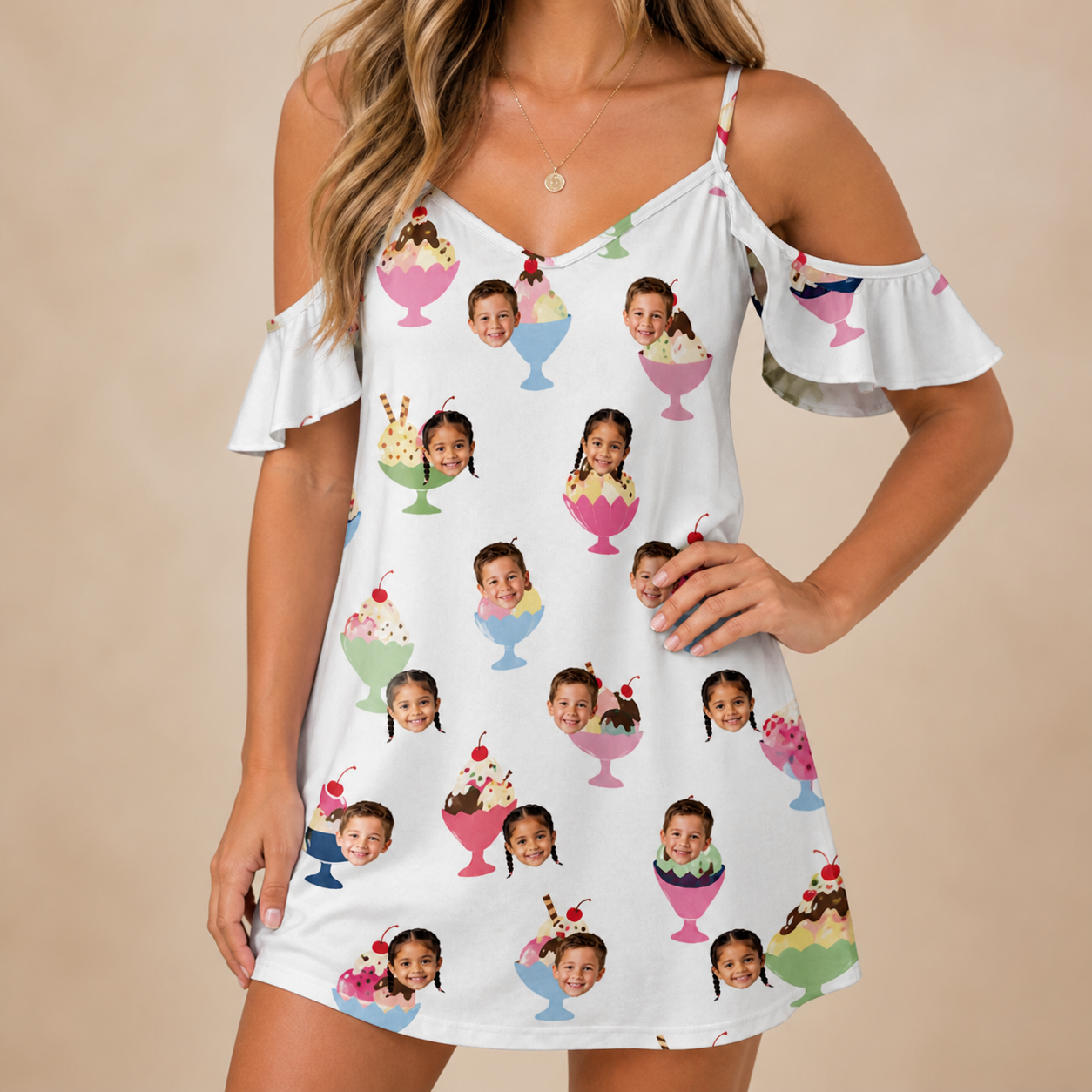 Model wearing Women's Wishful Scoops Custom Face Off-Shoulder Dress printed with kids' faces