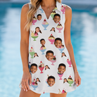 Model wearing Women's Wishful Scoops Custom Face V-Neck Dress printed with kids' faces