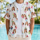 Man wearing Men's Wishful Scoops Custom Face Hawaiian Shirt open over a white tee
