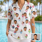Woman wearing Women's Wishful Scoops Custom Face Hawaiian Shirt — custom faces printed all-over