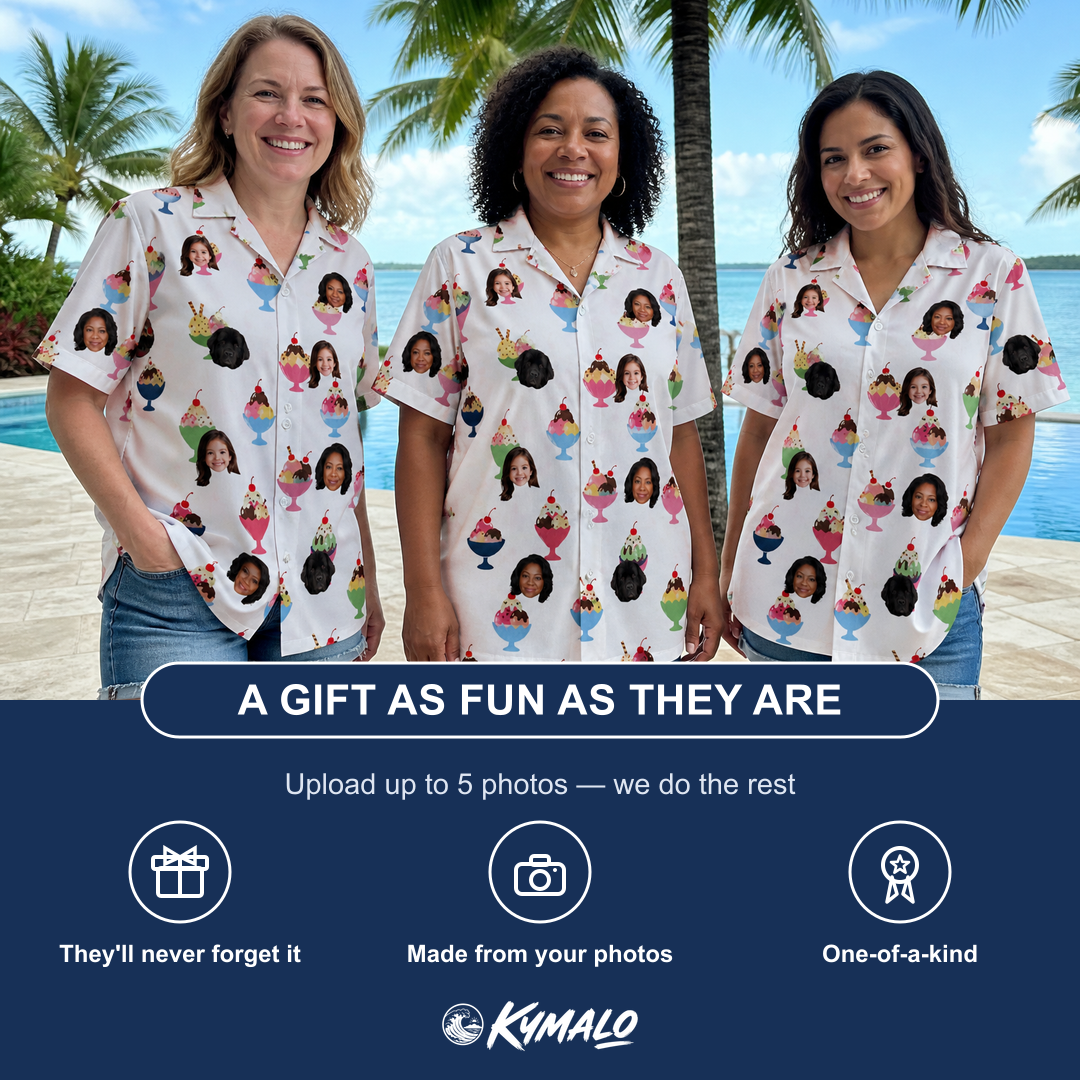 Friends in matching Women's Wishful Scoops Custom Face Hawaiian Shirt — a group gift photo
