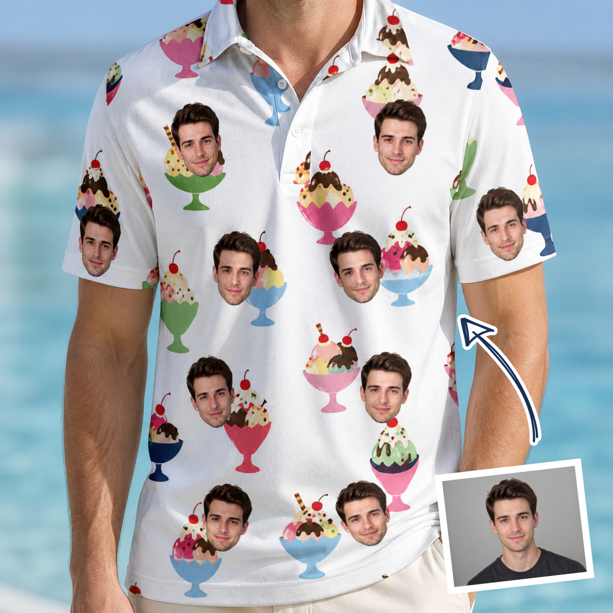 Man wearing Men's Wishful Scoops Custom Face Polo Shirt — custom faces printed all-over