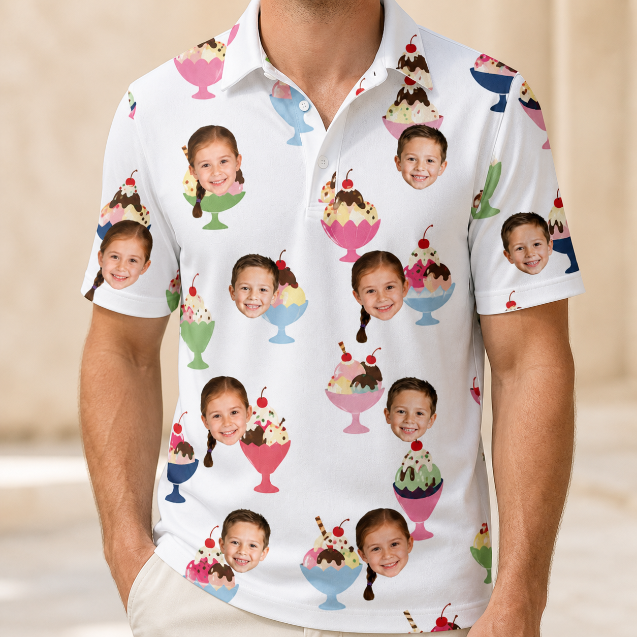 Model wearing Men's Wishful Scoops Custom Face Polo Shirt printed with kids' faces