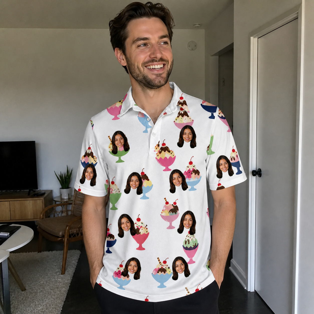 Real-life photo of someone wearing Men's Wishful Scoops Custom Face Polo Shirt — custom faces printed all-over