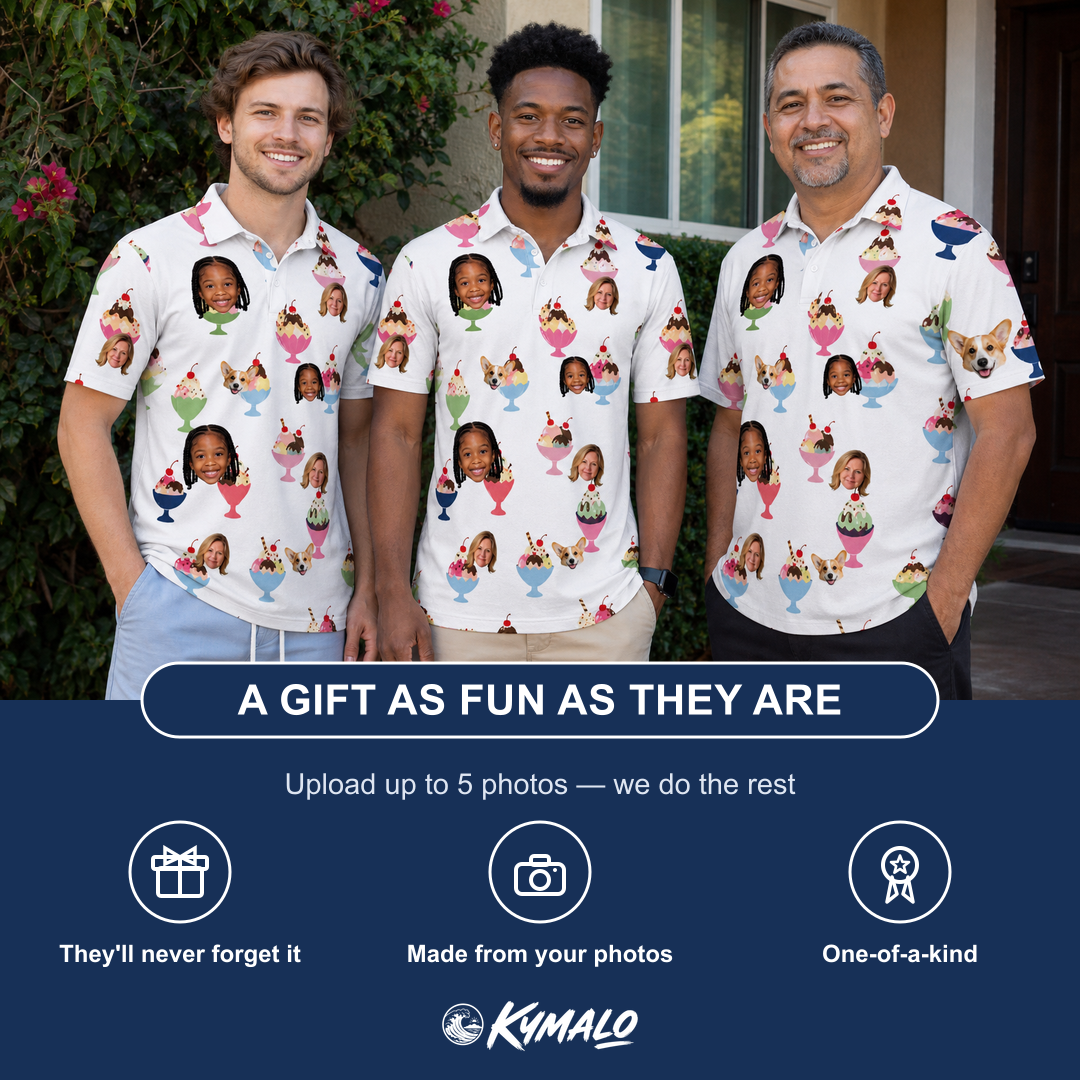 Friends in matching Men's Wishful Scoops Custom Face Polo Shirt — a group gift photo