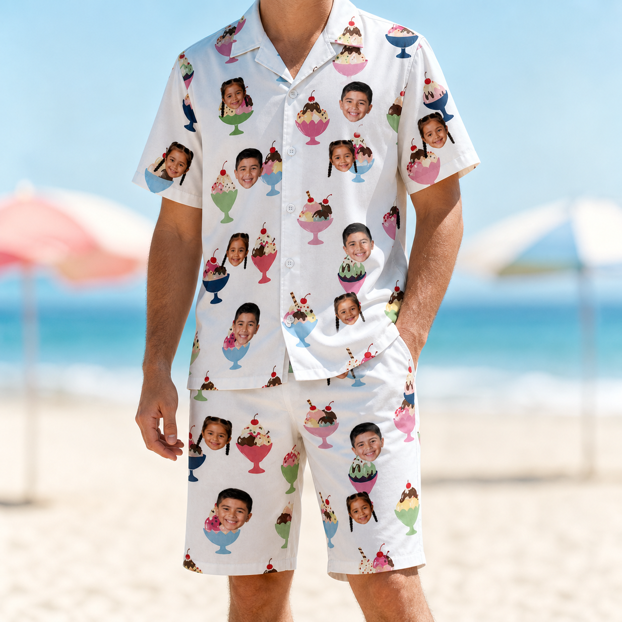 Model wearing Men's Wishful Scoops Custom Face Shirt & Shorts Set printed with kids' faces