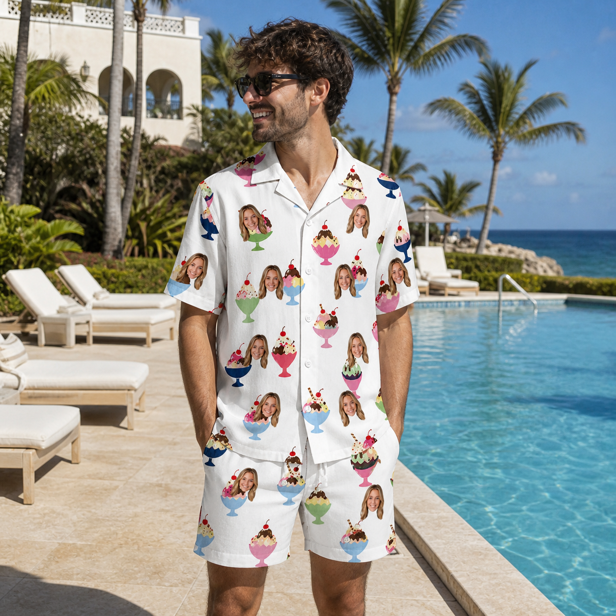 Real-life photo of someone wearing Men's Wishful Scoops Custom Face Shirt & Shorts Set — custom faces printed all-over