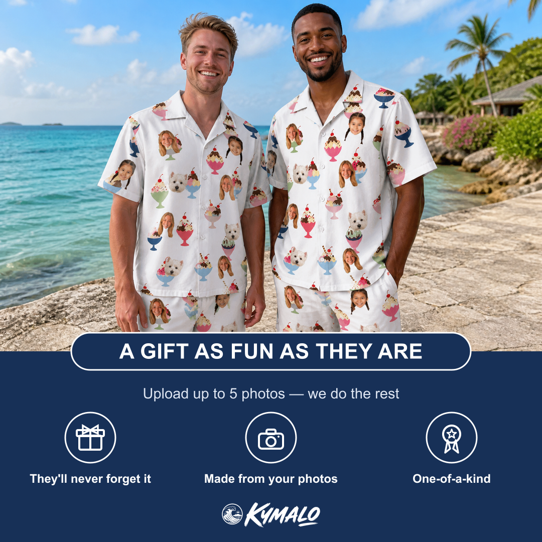 Friends in matching Men's Wishful Scoops Custom Face Shirt & Shorts Set — a group gift photo