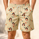Model wearing Men's Candle Confetti Custom Face Beach Shorts printed with kids' faces