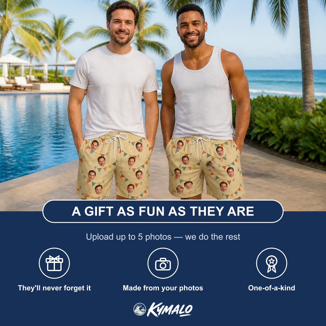 Friends in matching Men's Candle Confetti Custom Face Beach Shorts — a group gift photo
