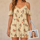 Woman wearing Women's Candle Confetti Custom Face Off-Shoulder Dress — custom faces printed all-over