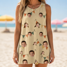 Model wearing Women's Candle Confetti Custom Face Tank Dress printed with kids' faces