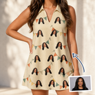 Woman wearing Women's Candle Confetti Custom Face V-Neck Dress — custom faces printed all-over