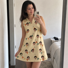 Real-life photo of someone wearing Women's Candle Confetti Custom Face V-Neck Dress — custom faces printed all-over