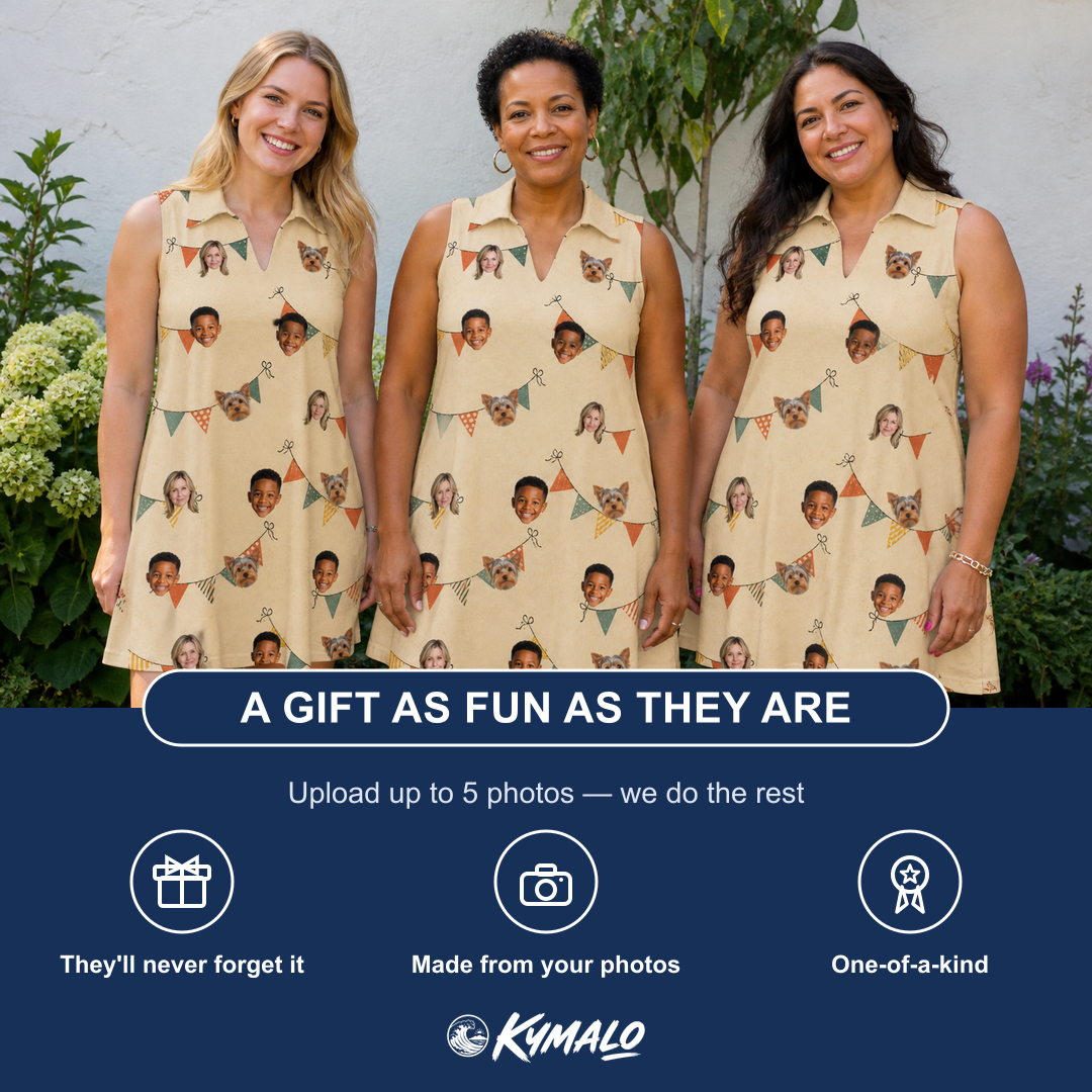 Friends in matching Women's Candle Confetti Custom Face V-Neck Dress — a group gift photo