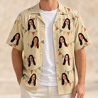 Man wearing Men's Candle Confetti Custom Face Hawaiian Shirt open over a white tee