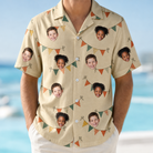 Model wearing Men's Candle Confetti Custom Face Hawaiian Shirt printed with kids' faces