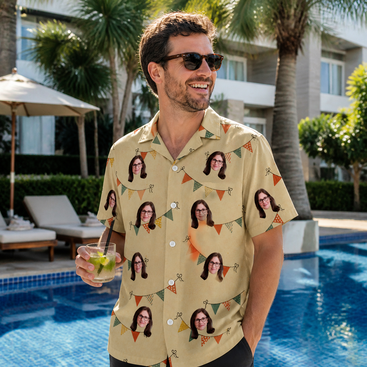 Real-life photo of someone wearing Men's Candle Confetti Custom Face Hawaiian Shirt — custom faces printed all-over