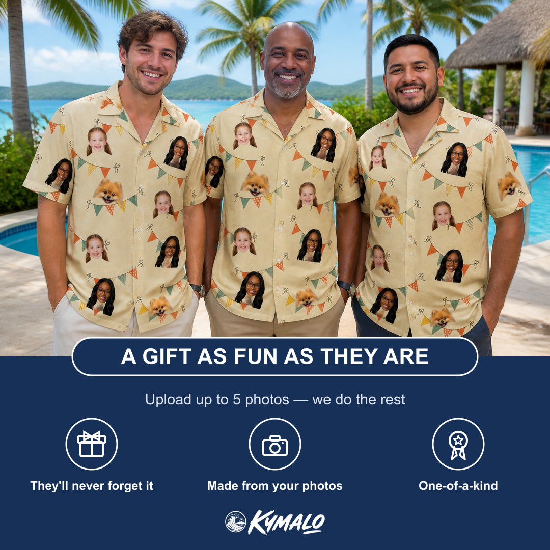 Friends in matching Men's Candle Confetti Custom Face Hawaiian Shirt — a group gift photo